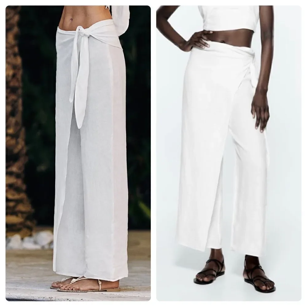 Zara 100% Linen Pareo Pants White
